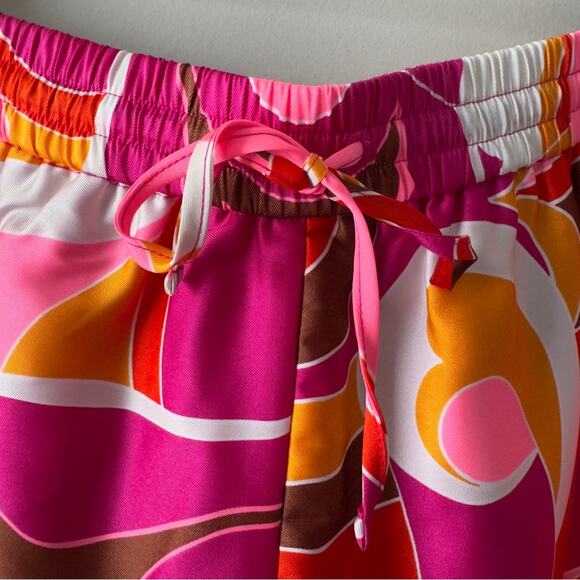 Express Pink and Orange Patterned Set Vibrant Button Down Top elastic tie shorts - Picture 6 of 16